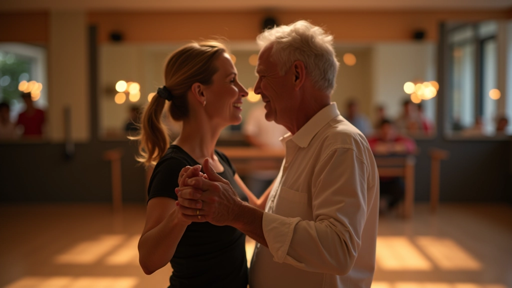 Casal adulto a dançar bachata juntos num estúdio de dança com espelhos e piso de madeira