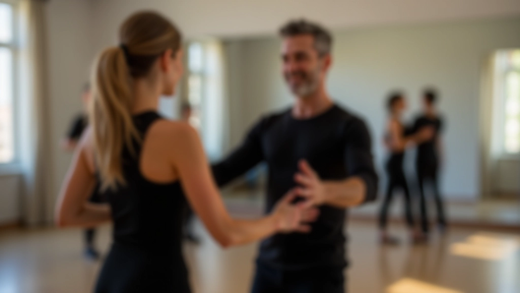 Instrutor de dança a demonstrar técnica de movimento de salsa para um aluno adulto