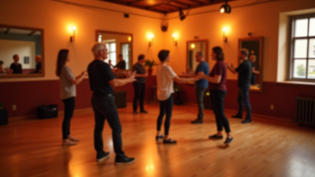 Ambiente acolhedor de estúdio de dança com vários alunos adultos conversando e se preparando para aula