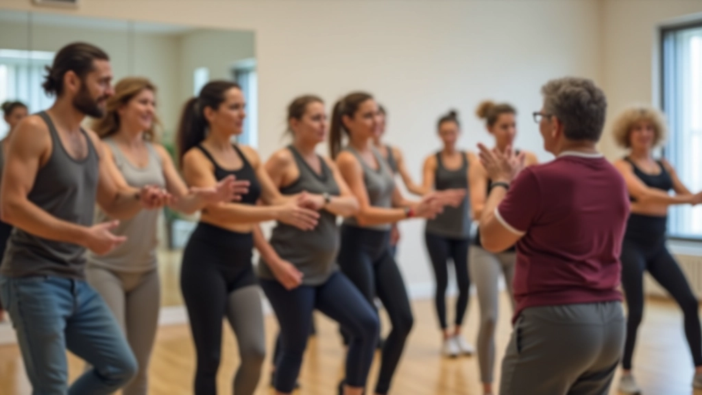 Grupo pequeno de adultos em aula de dança bachata em estúdio bem iluminado com espelhos