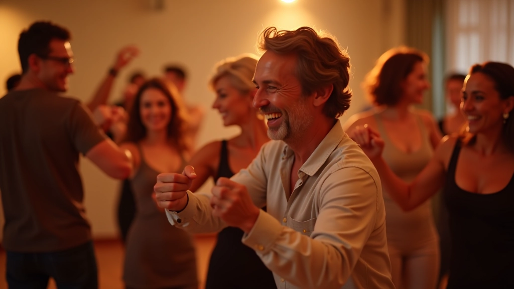 Grupo de dançarinos adultos no meio de uma apresentação de salsa, rindo e se divertindo em um salão bem iluminado