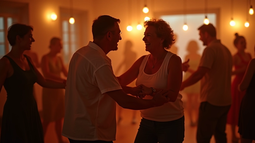 Grupo de adultos dançando bachata num estúdio acolhedor com iluminação quente