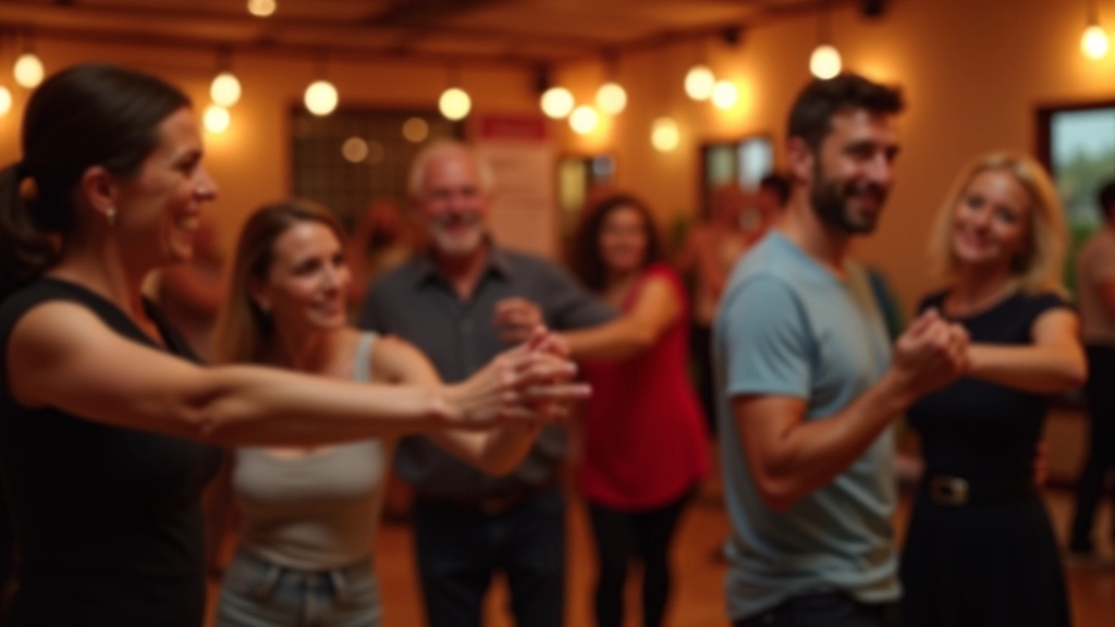 Grupo de adultos dançando bachata numa sala de dança acolhedora