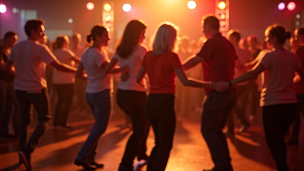 Grupo de adultos maiores de 45 anos a dançar salsa num salão com iluminação de festa