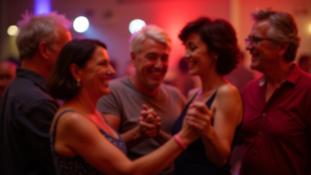 Grupo de adultos dançando salsa num evento social