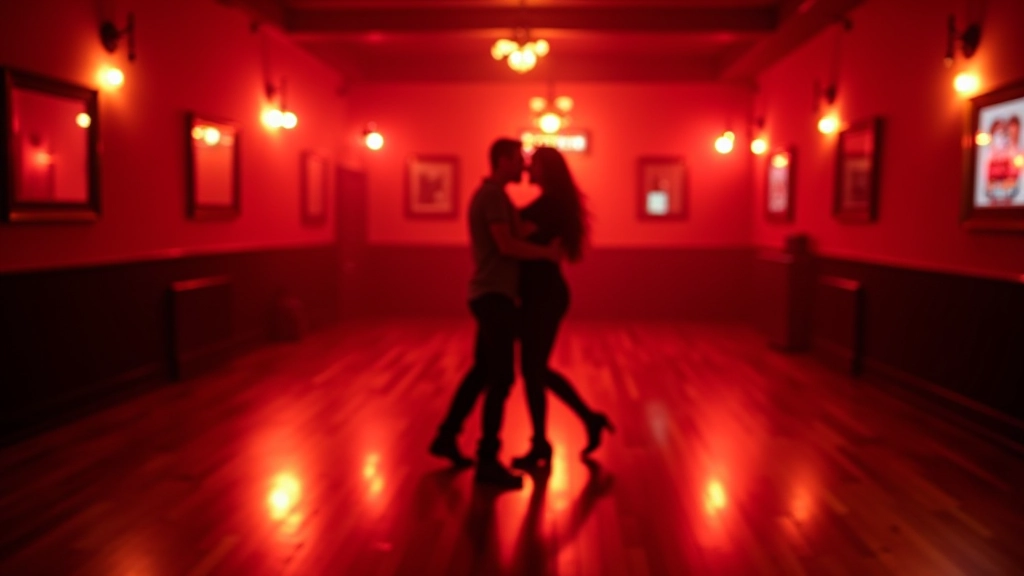 Interior de um salão de dança com iluminação vermelha e pista de dança cheia de pessoas dançando salsa