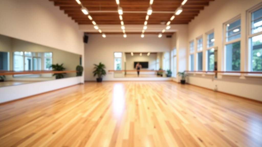 Estúdio de dança vazio com espelhos grandes, barra de dança e piso de madeira pronto para treino de bachata