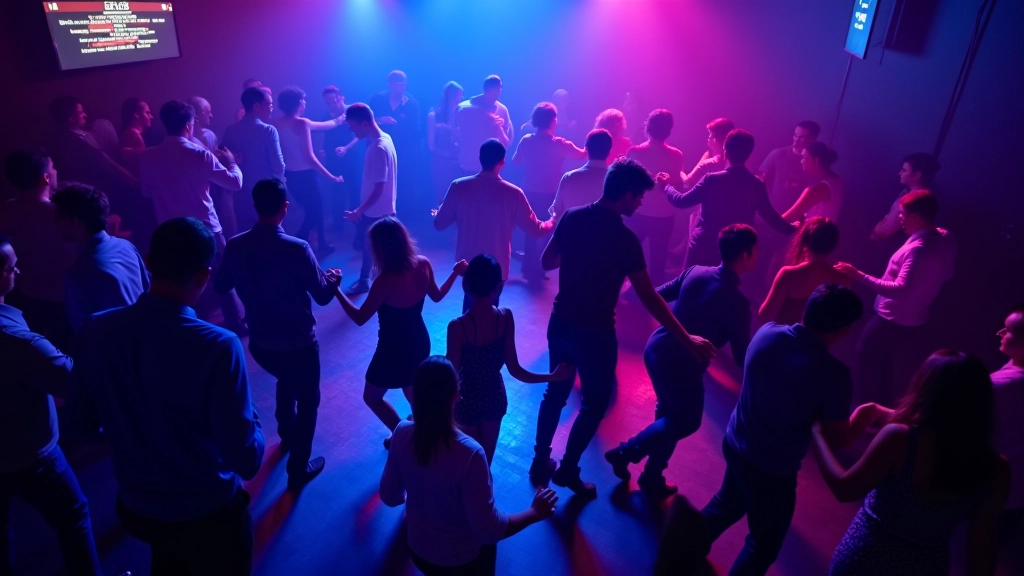 Vista aérea de um salão de dança cheio de pessoas dançando salsa, com iluminação colorida azul e rosa