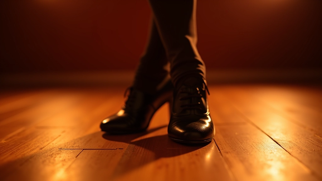 Par de sapatos de dança em preto brilhante sobre um piso de dança de madeira, com iluminação suave