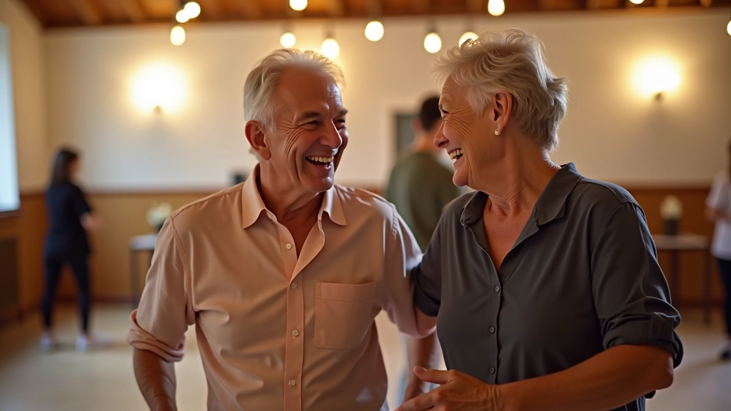Dois adultos sorrindo depois de uma aula de dança, conversando num estúdio acolhedor
